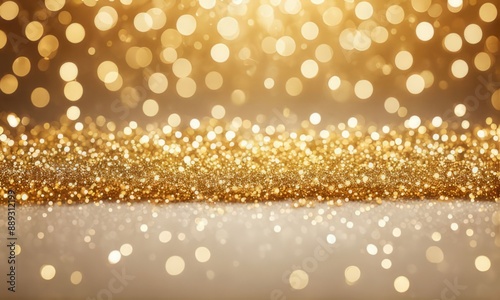 Ethereal Gold Bokeh Background with Glittering Particles. New year, birthday, holidays celebration.
