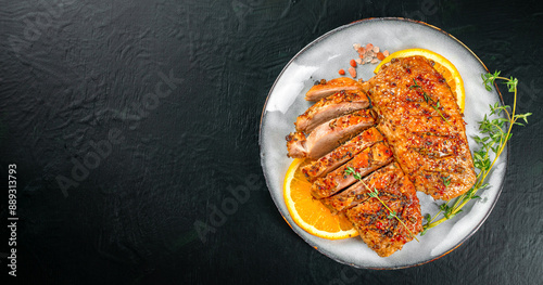 Fototapeta Naklejka Na Ścianę i Meble -  duck breast meat fried with oranges and thyme