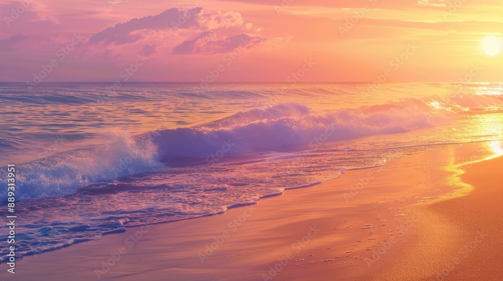 A beautiful background depicting a serene beach at sunset, with golden sand, gentle waves, and a sky painted in shades of orange, pink, and purple, creating a tranquil and picturesque scene perfect A beautiful background depicting a serene beach at sunset, with golden sand, gentle waves, and a sky painted in shades of orange, pink, and purple, creating a tranquil and picturesque scene perfect