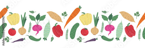 Vegetables seamless border. Harvest time. Carrots, radishes, peppers, sweet potatoes and other vegetables. Isolated vector illustration for card, background, website