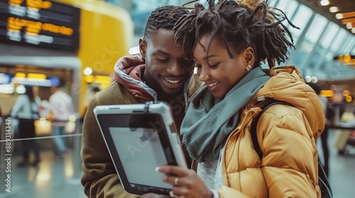 A young couple look at a tablet screen together at a train station.