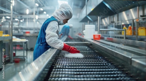 An employee sanitizing a conveyor belt in a food processing plant to maintain hygiene standards. High-definition, cleanliness, food production safety, factory hygiene, sanitation practices