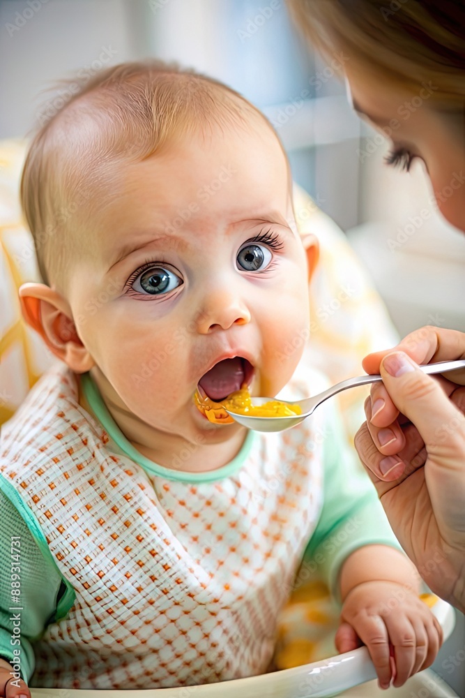 Happy smiling baby with mom while eating in the living room at home. Preschool child development, food menu for 1 year old Happy smiling baby with mom while eating in the living room at home. Preschool child development, food menu for 1 year old