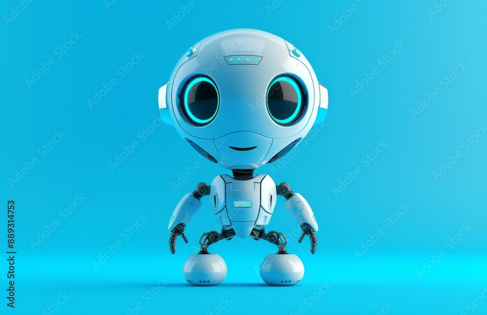 A smiling cyborg android, depicted as a happy little white robot, exudes a futuristic charm.