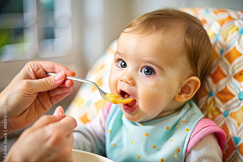 Happy smiling baby with mom while eating in the living room at home. Preschool child development, food menu for 1 year old Happy smiling baby with mom while eating in the living room at home. Preschool child development, food menu for 1 year old
