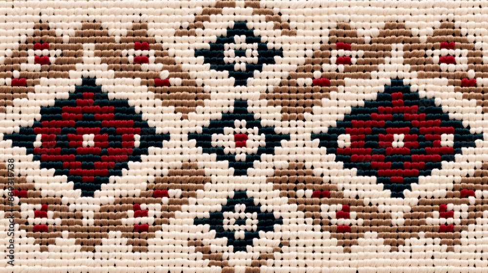 Traditional ethnic geometric fabric pattern in cross stitch, with deep reds and natural tones Traditional ethnic geometric fabric pattern in cross stitch, with deep reds and natural tones