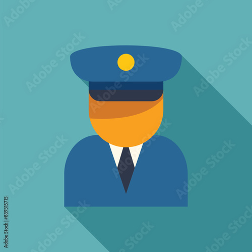 Flat design icon of a police officer wearing a uniform and hat, with a long shadow