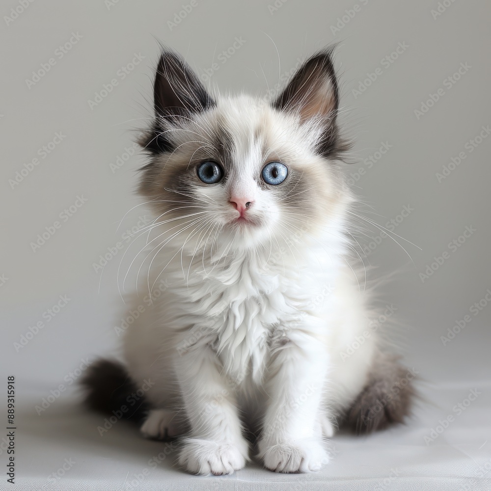 A cat, gray background, realistic, commercial photograph 