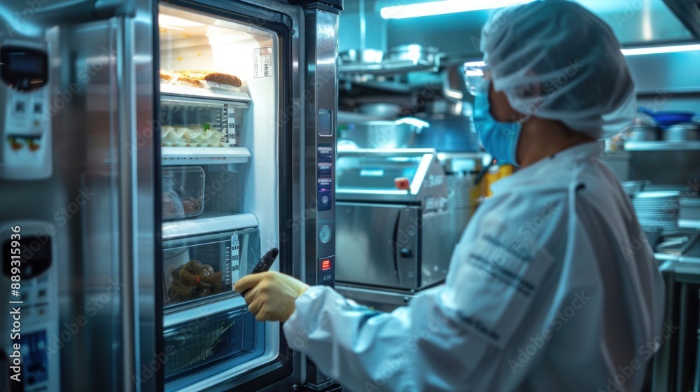 A worker checking the internal temperature of a refrigerator in a restaurant kitchen to ensure food is stored safely. A worker checking the internal temperature of a refrigerator in a restaurant kitchen to ensure food is stored safely.