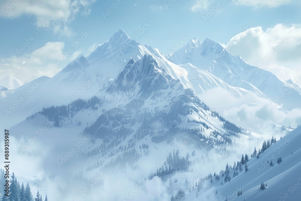Fototapeta premium Snowy Mountain Peaks. Scenic View of Snow-Covered Peaks against Foggy Sky