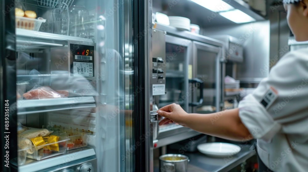 A worker checking the internal temperature of a refrigerator in a restaurant kitchen to ensure food is stored safely. A worker checking the internal temperature of a refrigerator in a restaurant kitchen to ensure food is stored safely.