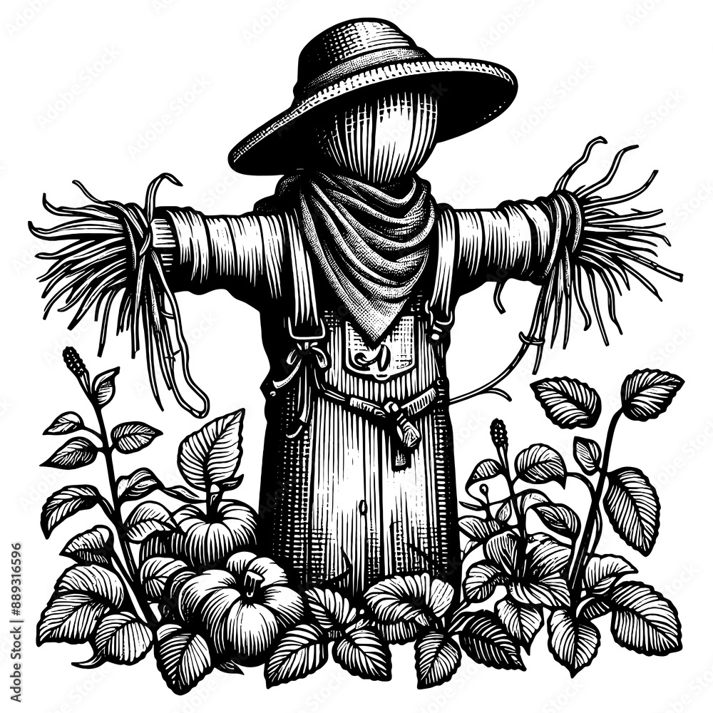 Obraz premium scarecrow standing in a garden with pumpkins and plants, rustic and classic scene sketch engraving generative ai fictional character PNG illustration. Scratch board imitation. Black and white image
