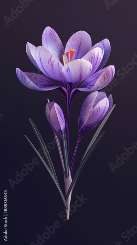 Soft isometric drawing of purple crocus with orange center