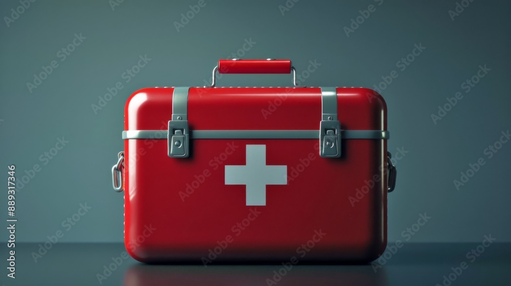 Red first aid kit on dark background, essential for emergency situations and healthcare purposes. Red first aid kit on dark background, essential for emergency situations and healthcare purposes.