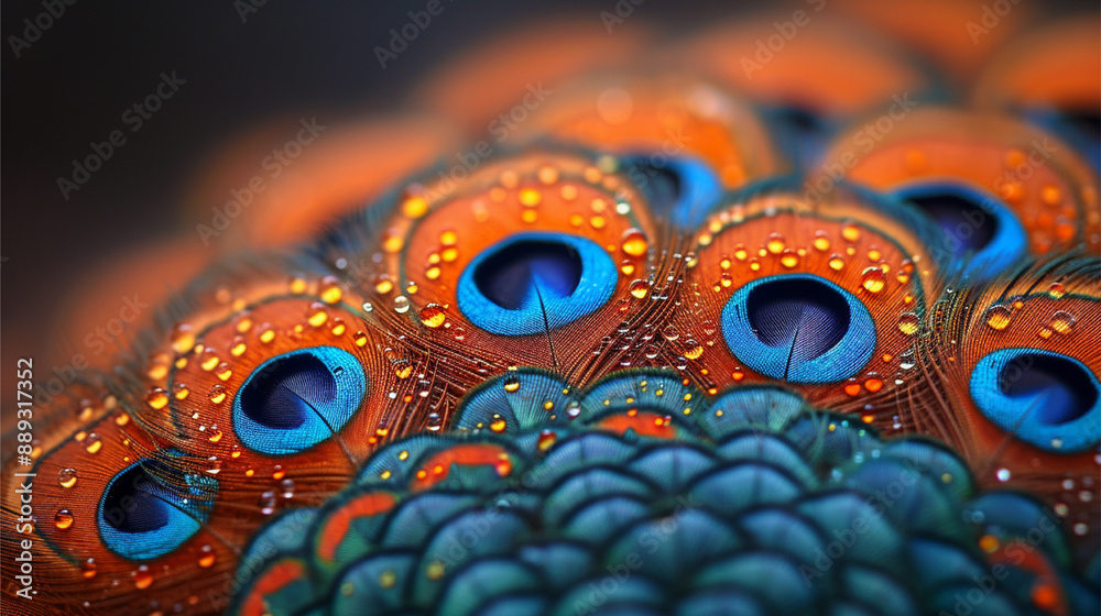 A peacock colorful tail close up. A macro shot of a peackock. Peacock tail bakground. A closeup of a peacock tail with dew. Orange and blue feather background. A peacock colorful tail close up. A macro shot of a peackock. Peacock tail bakground. A closeup of a peacock tail with dew. Orange and blue feather background.