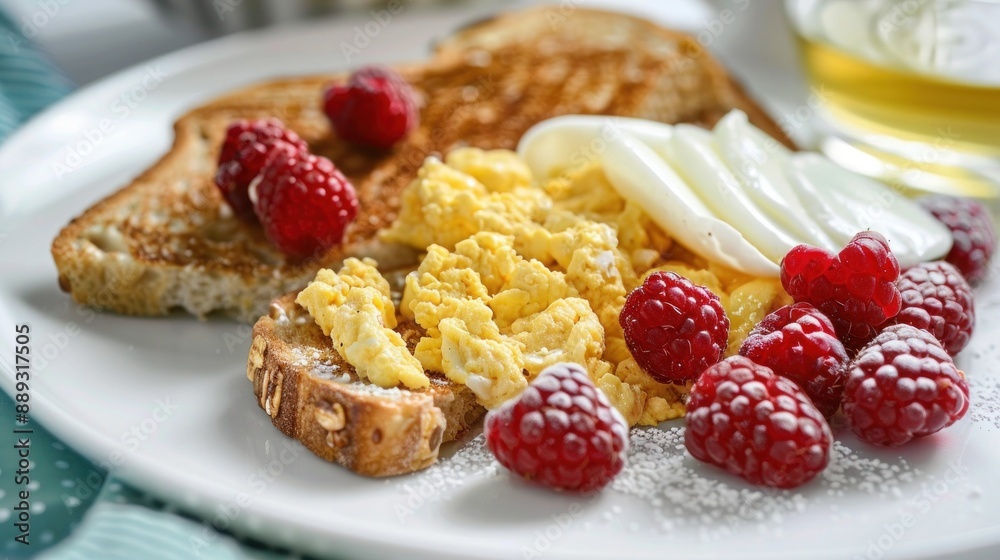 A low-fat breakfast plate featuring scrambled egg whites, whole-grain toast, and a side of fresh raspberries, served on a white ceramic dish A low-fat breakfast plate featuring scrambled egg whites, whole-grain toast, and a side of fresh raspberries, served on a white ceramic dish