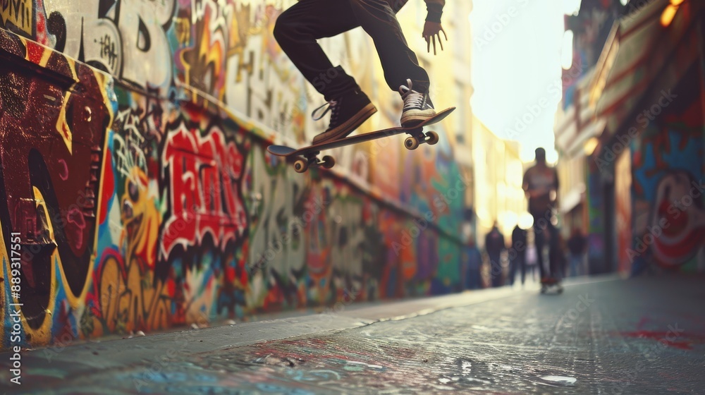 Obraz premium Miejskie tło przedstawiające brudną, pokrytą graffiti alejkę z kolorową sztuką uliczną na ścianach, samotny skater wykonujący sztuczki, dodający poczucia buntowniczej energii i kultury ulicznej