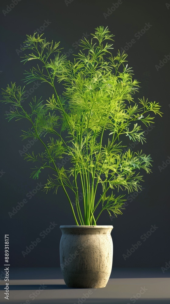 A verdant sprig of dill, nestled in a weathered pot, illuminated by gentle sunlight A verdant sprig of dill, nestled in a weathered pot, illuminated by gentle sunlight