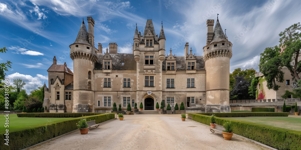 Fototapeta premium Historic Castle Bleisure Destination: Business Conference with a Blend of Medieval Architecture, Modern Luxury, Detailed Decor, and Elegant Business Attire