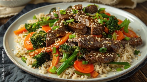 A high-protein dinner plate featuring a beef stir-fry with mixed vegetables, served over brown rice and garnished with sesame seeds and green onions