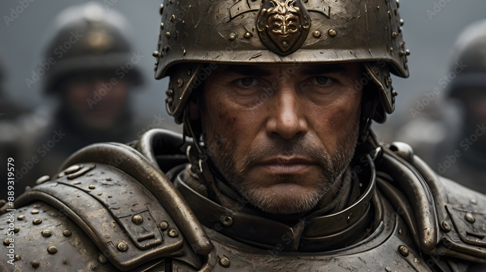 Mud-covered soldier with determined expression, battlefield warrior, armor Mud-covered soldier with determined expression, battlefield warrior, armor