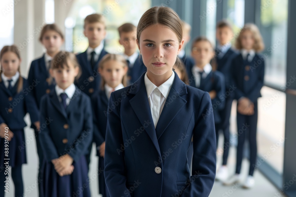 Young Girl in professional attire standing in an office, looking confident. Their serious expressions and the modern setting reflect their focus on future success and leadership. Young Girl in professional attire standing in an office, looking confident. Their serious expressions and the modern setting reflect their focus on future success and leadership.