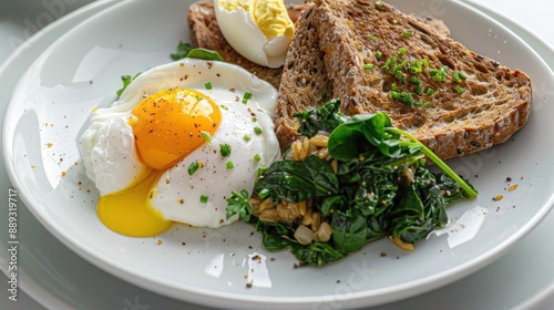 A heart-healthy breakfast plate featuring a poached egg, whole-grain toast, and a side of spinach, served on a white ceramic dish