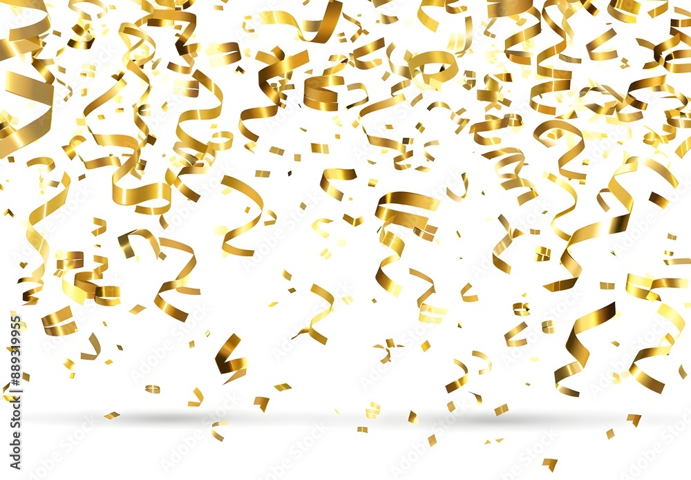Gold confetti falling on transparent background vector illustration. White background with golden celebration confettis and ribbons for party, award ceremony or anniversary design element. Gold confetti falling on transparent background vector illustration. White background with golden celebration confettis and ribbons for party, award ceremony or anniversary design element.