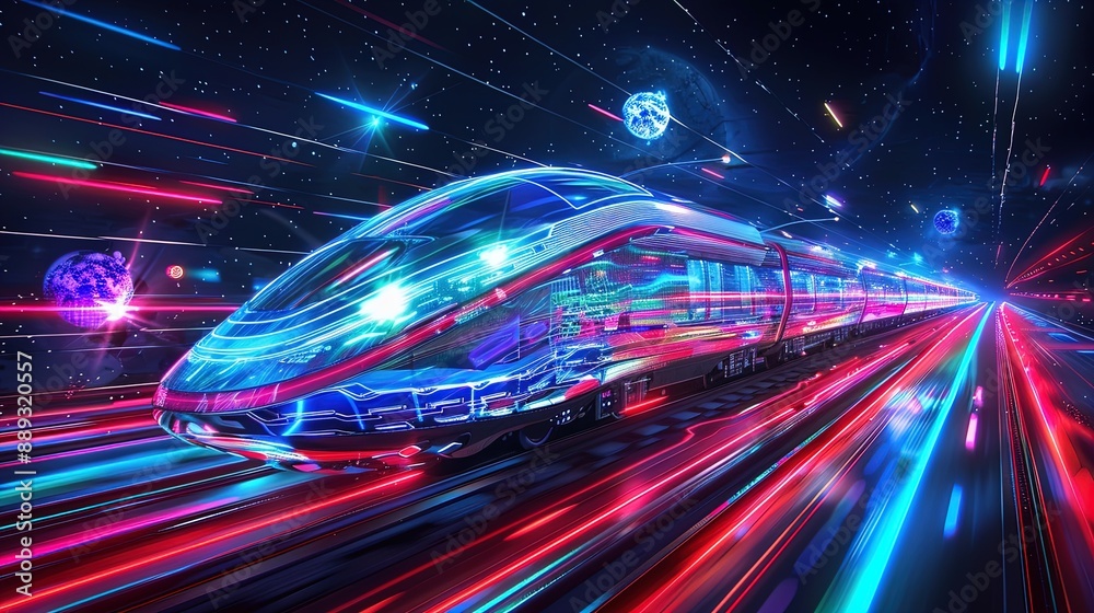 Futuristic Train with Neon-Lit Design Moving Through a High-Speed Tunnel Futuristic Train with Neon-Lit Design Moving Through a High-Speed Tunnel