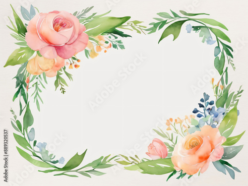 A blank wedding invitation adorned with a watercolor floral frame