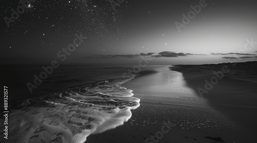 Fototapeta Naklejka Na Ścianę i Meble -  Ocean wave crashing on the beach under a starry night sky with black and white tones