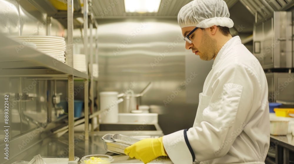 A food safety inspector reviewing a restaurant's kitchen for compliance with hygiene standards. High-definition, inspection, food safety protocols, restaurant hygiene, compliance check A food safety inspector reviewing a restaurant's kitchen for compliance with hygiene standards. High-definition, inspection, food safety protocols, restaurant hygiene, compliance check