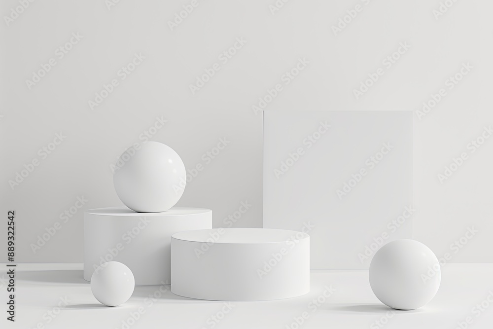 A white 3D podium for product display is set against a white backdrop, perfect for studio presentations, showcasing products, or displaying geometric items A white 3D podium for product display is set against a white backdrop, perfect for studio presentations, showcasing products, or displaying geometric items