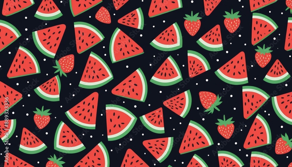 Naklejka premium watermelon and strawberry pattern or watermelon slices seamless pattern with strawberry