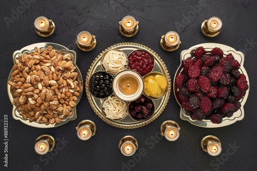 Trays with nuts and dried fruits and latterns with candles photo