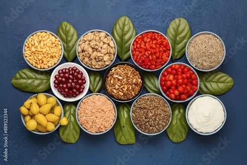 Variety of healthy organic food rich in fiber, protein and antioxidants photo