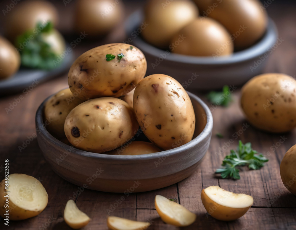 Loose potatoes on a rustic wooden background. Loose potatoes on a rustic wooden background.