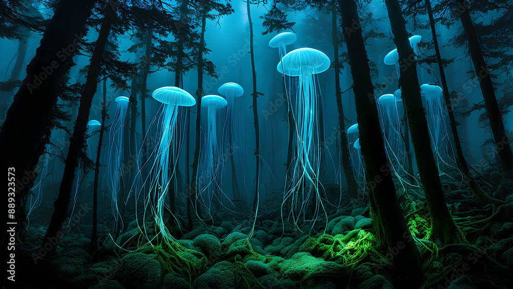 Ocean lightshow! Glowing jellyfish dance in a deep-sea forest (ideal ...