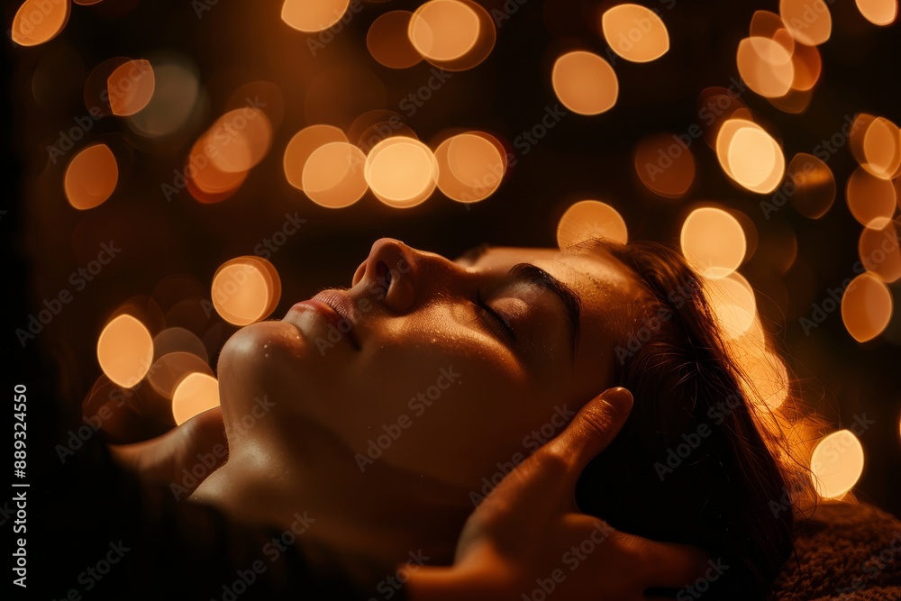 Fototapeta premium Indulge in a therapeutic session with ambient lighting creating a serene atmosphere, perfect for relaxation and selfcare. Find peace and tranquility to unwind and rejuvenate your mind and body