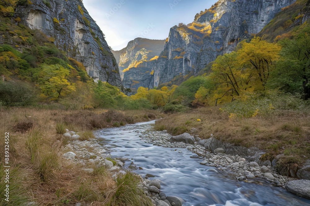 mountain river and stream among high stone cliffs with green plants mountain river and stream among high stone cliffs with green plants