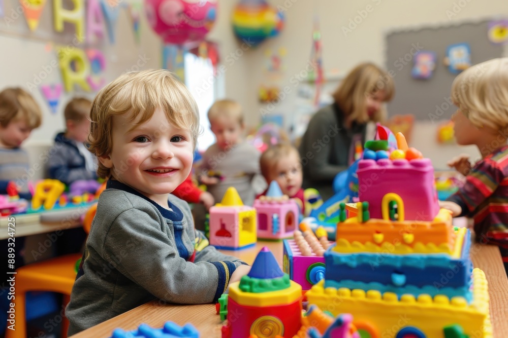 A smiling child sits at a table playing with brightly colored toys in a busy classroom environment, with other children and a caretaker actively engaged in the background. A smiling child sits at a table playing with brightly colored toys in a busy classroom environment, with other children and a caretaker actively engaged in the background.