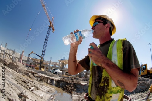 A construction worker in a yellow hard hat and safety vest takes a sip from a water bottle while working under the bright sun, with cranes and construction site around. photo