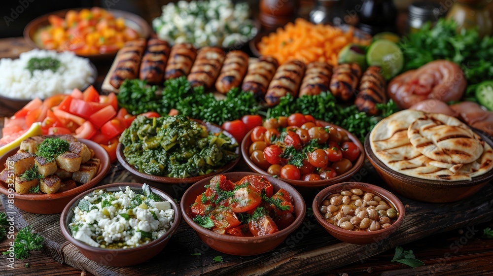 A vibrant Mediterranean mezze spread, various dishes, rustic table A vibrant Mediterranean mezze spread, various dishes, rustic table
