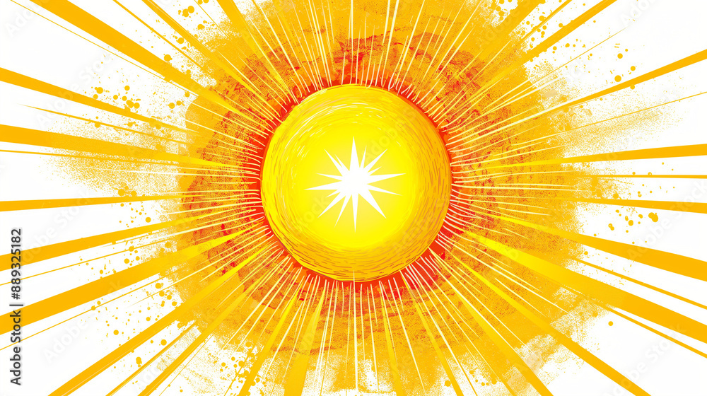 Fototapeta premium A bright yellow sun with rays emanating from its edges. The sun is centrally positioned, and the rays are spread out in a radial pattern, radiating outwards