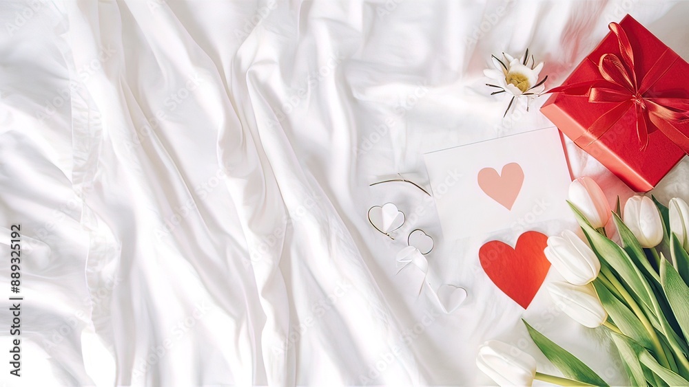 White tulips flowers, red gift box and empty card with heart White tulips flowers, red gift box and empty card with heart