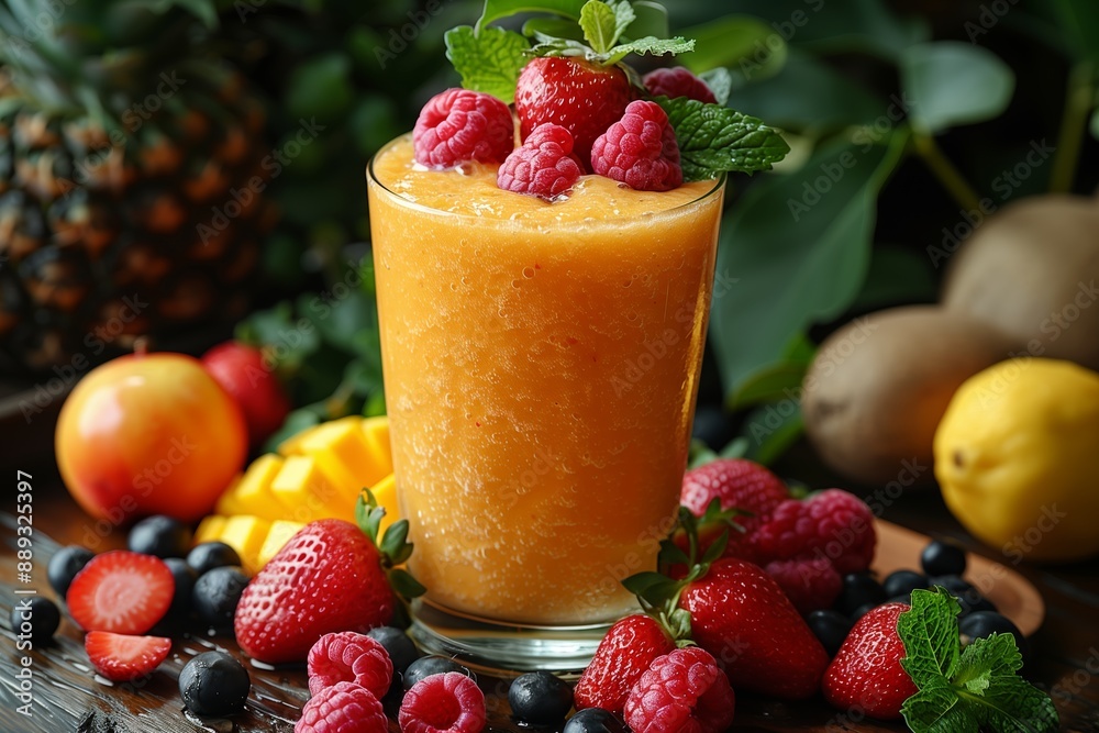 Freshly Made Orange Mango Smoothie With Berries and Mint Freshly Made Orange Mango Smoothie With Berries and Mint