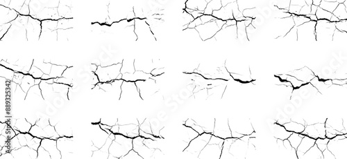 Set of cracks. Earth cracks texture on isolate vector background set. Collection of different black lightning bolts. Earth crack.	