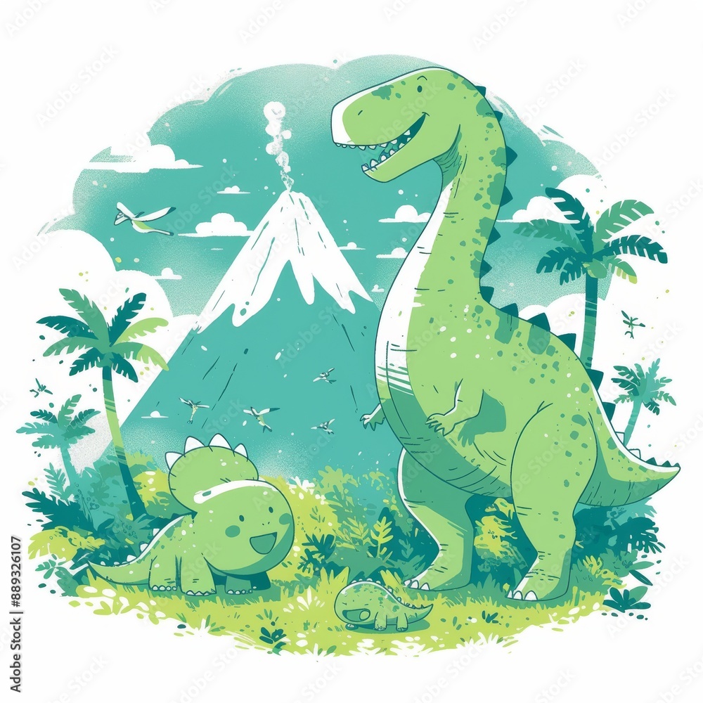 Naklejka premium A whimsical line drawing of a friendly T-Rex and Triceratops playing together