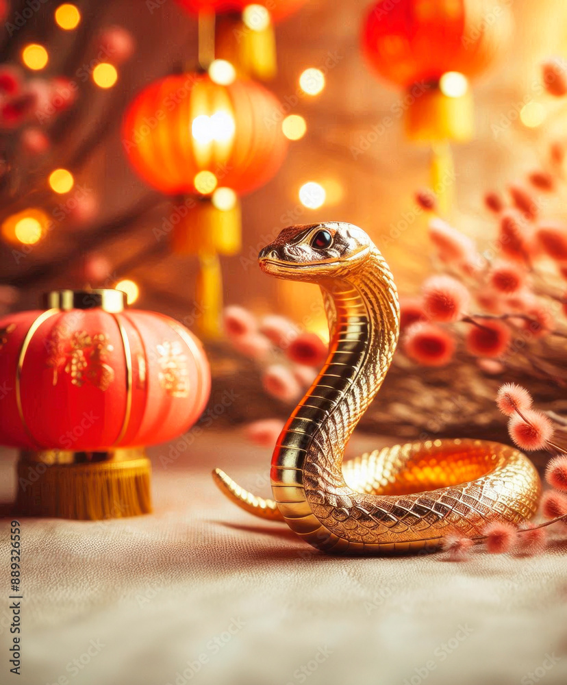 The symbol of the new year 2025 is a golden snake on a red background, Chinese New Year The symbol of the new year 2025 is a golden snake on a red background, Chinese New Year
