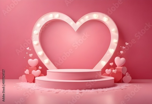 Happy valentines day and stage podium decorated with heart shape. pedestal scene with for product, cosmetic, advertising, show, award ceremony, on pink background and light. vector design. 